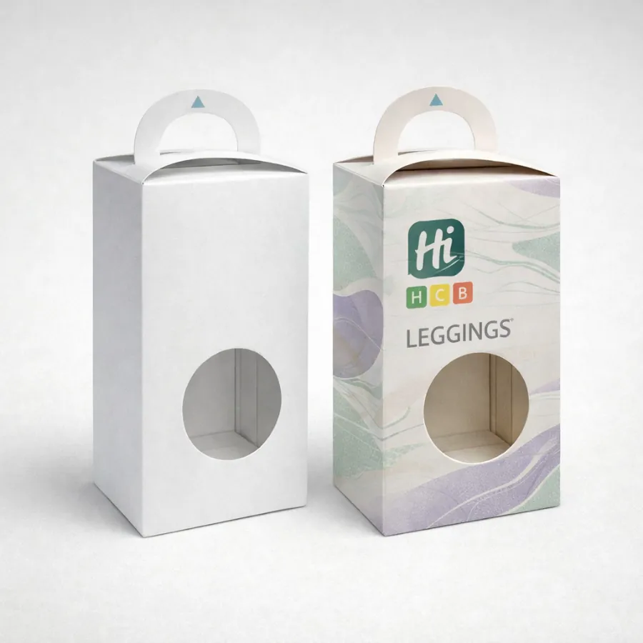 Two open upright tuck boxes- one plain white and one with colourful abstract patterns- class=